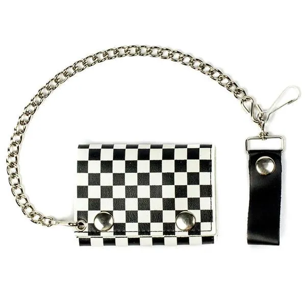 Tc261-8  Checkered Tri-Fold Wallet w/ Chain- Black & White