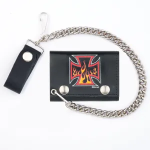 TC304CC-172  Tri-Fold Wallet w/ Chain- Flaming Iron Cross