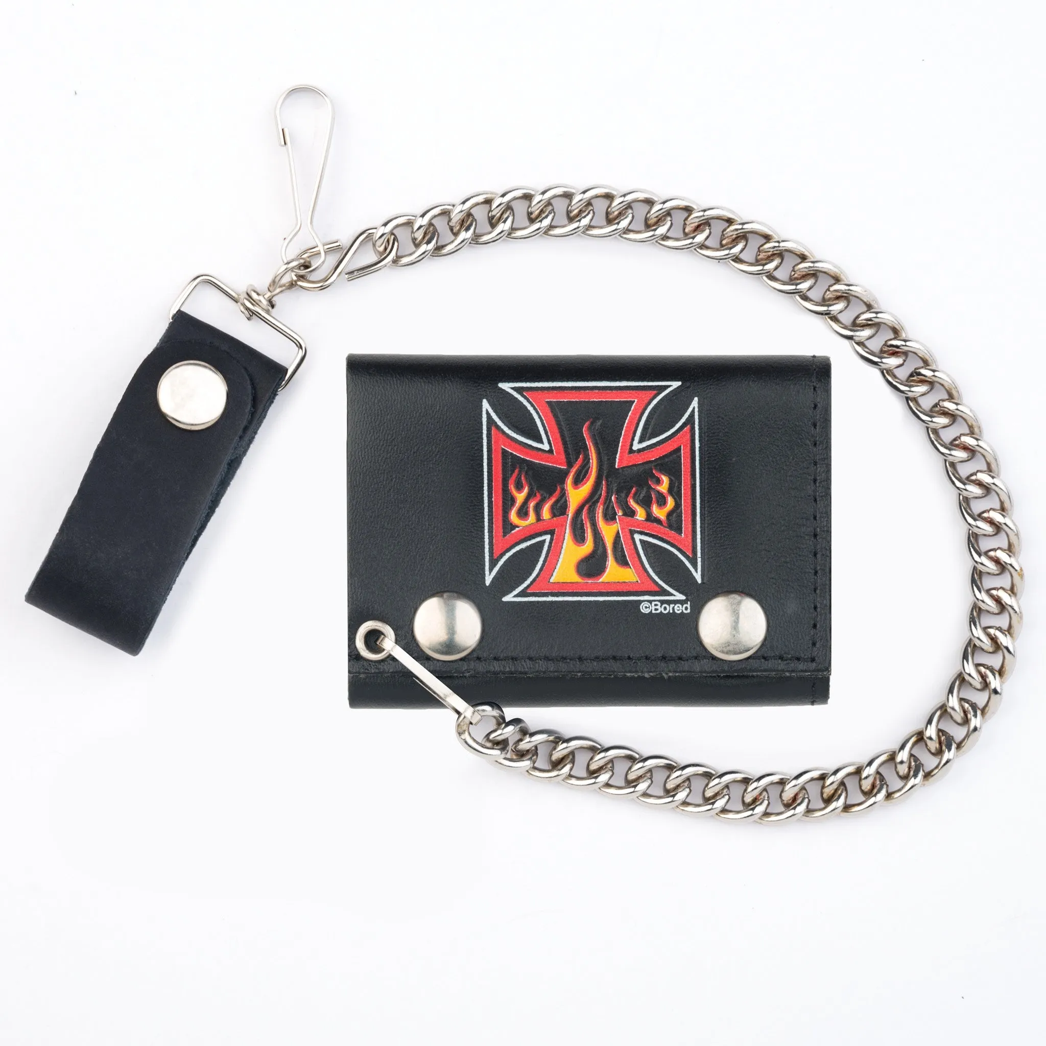 TC304CC-172  Tri-Fold Wallet w/ Chain- Flaming Iron Cross