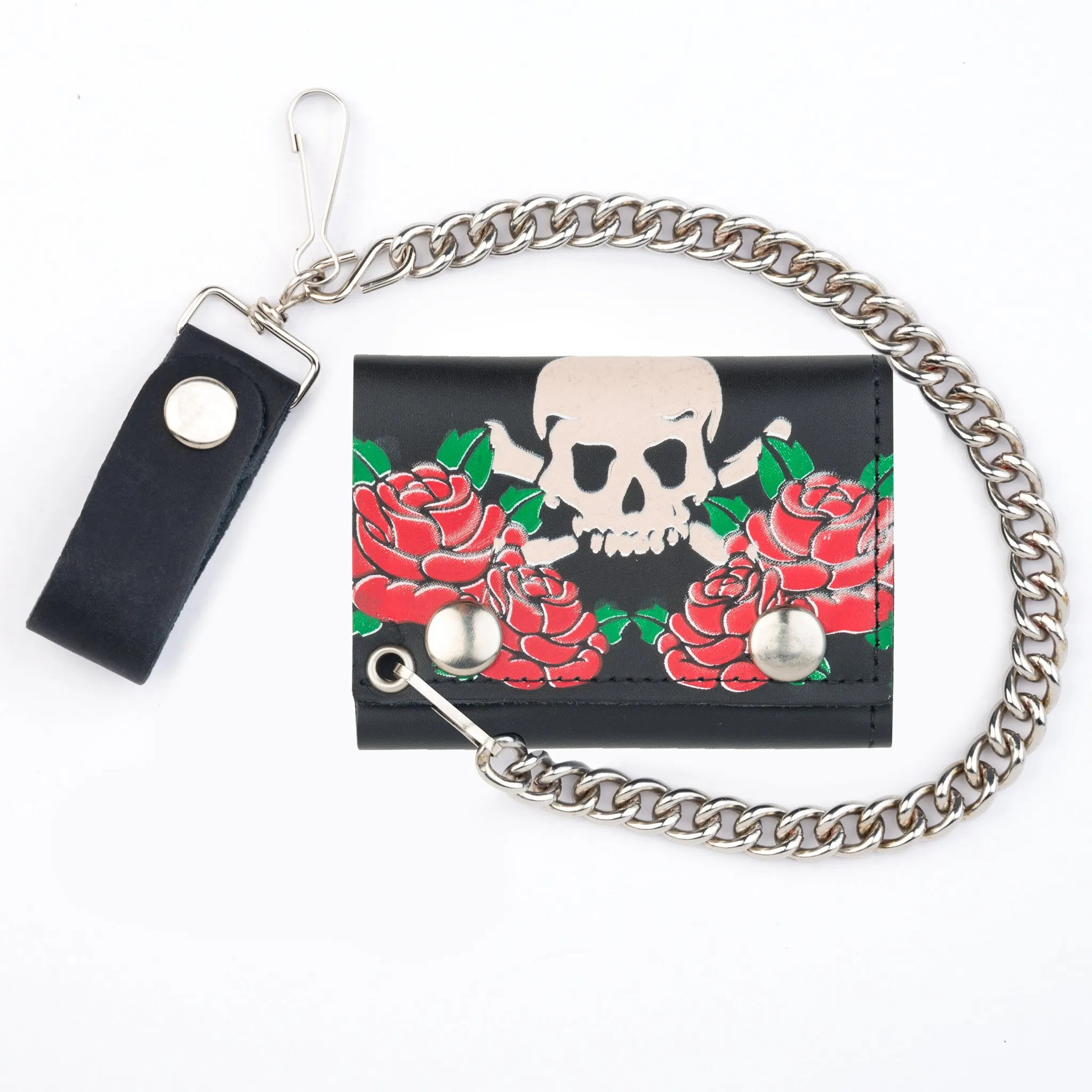 TC304CC-218 Tri-Fold Wallet w/ Chain- Skull & Roses