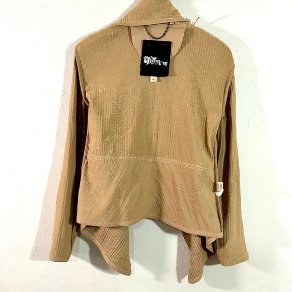 The Filmore Women's Jacket Beige Pleated Cowl Neck Boho Leather Jacket Size M