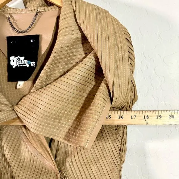 The Filmore Women's Jacket Beige Pleated Cowl Neck Boho Leather Jacket Size M