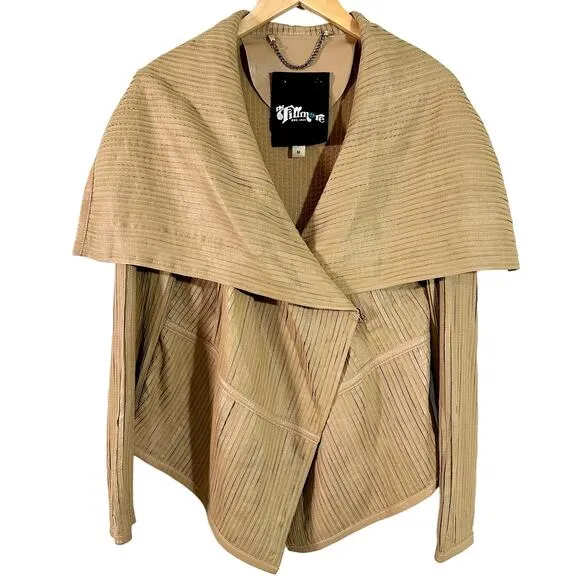 The Filmore Women's Jacket Beige Pleated Cowl Neck Boho Leather Jacket Size M
