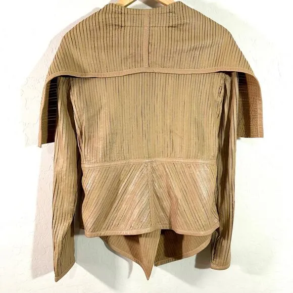 The Filmore Women's Jacket Beige Pleated Cowl Neck Boho Leather Jacket Size M