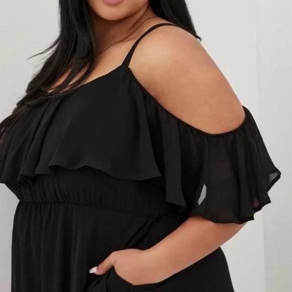 Torrid black midi chiffon cold shoulder skater dress