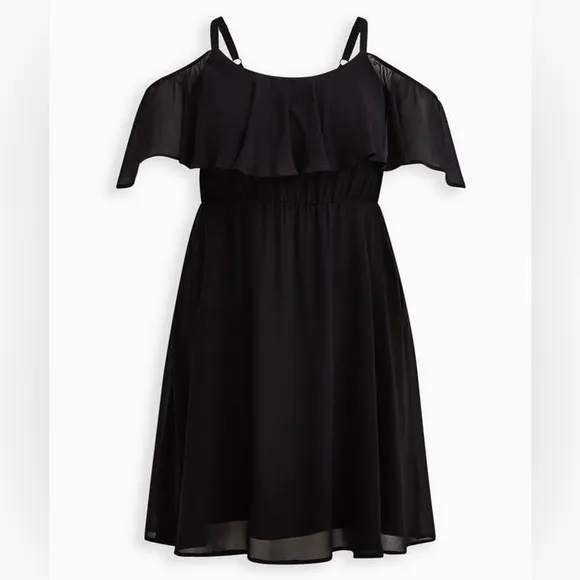 Torrid black midi chiffon cold shoulder skater dress