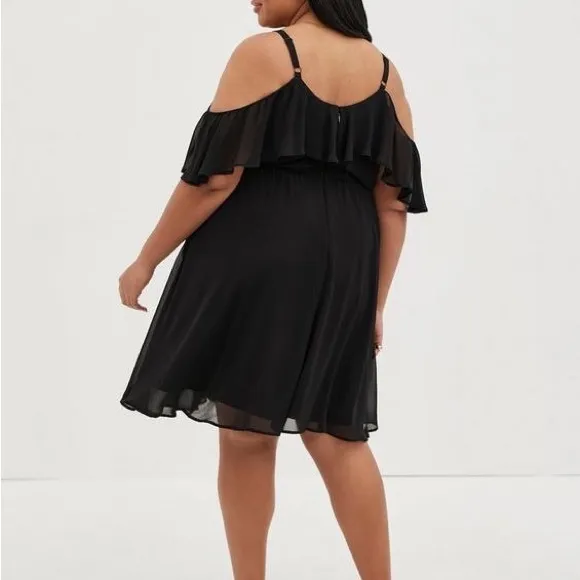 Torrid black midi chiffon cold shoulder skater dress