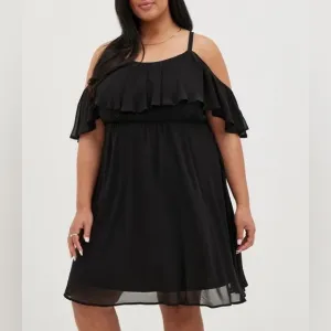 Torrid black midi chiffon cold shoulder skater dress