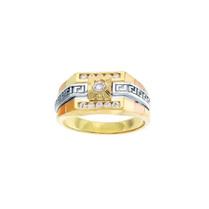 Tri-Color Satin Finish Greek Key Ring (14K)