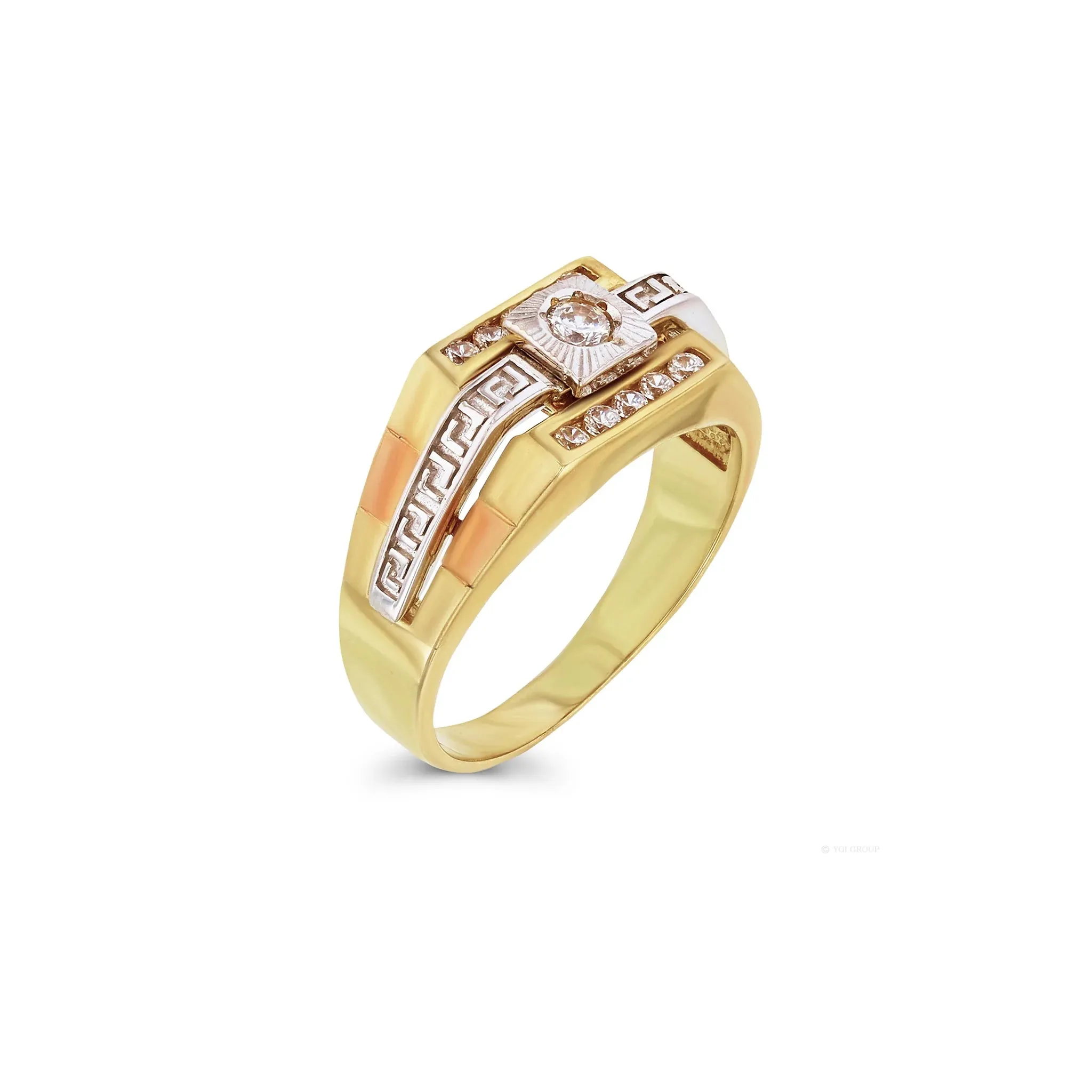 Tri-Color Satin Finish Greek Key Ring (14K)