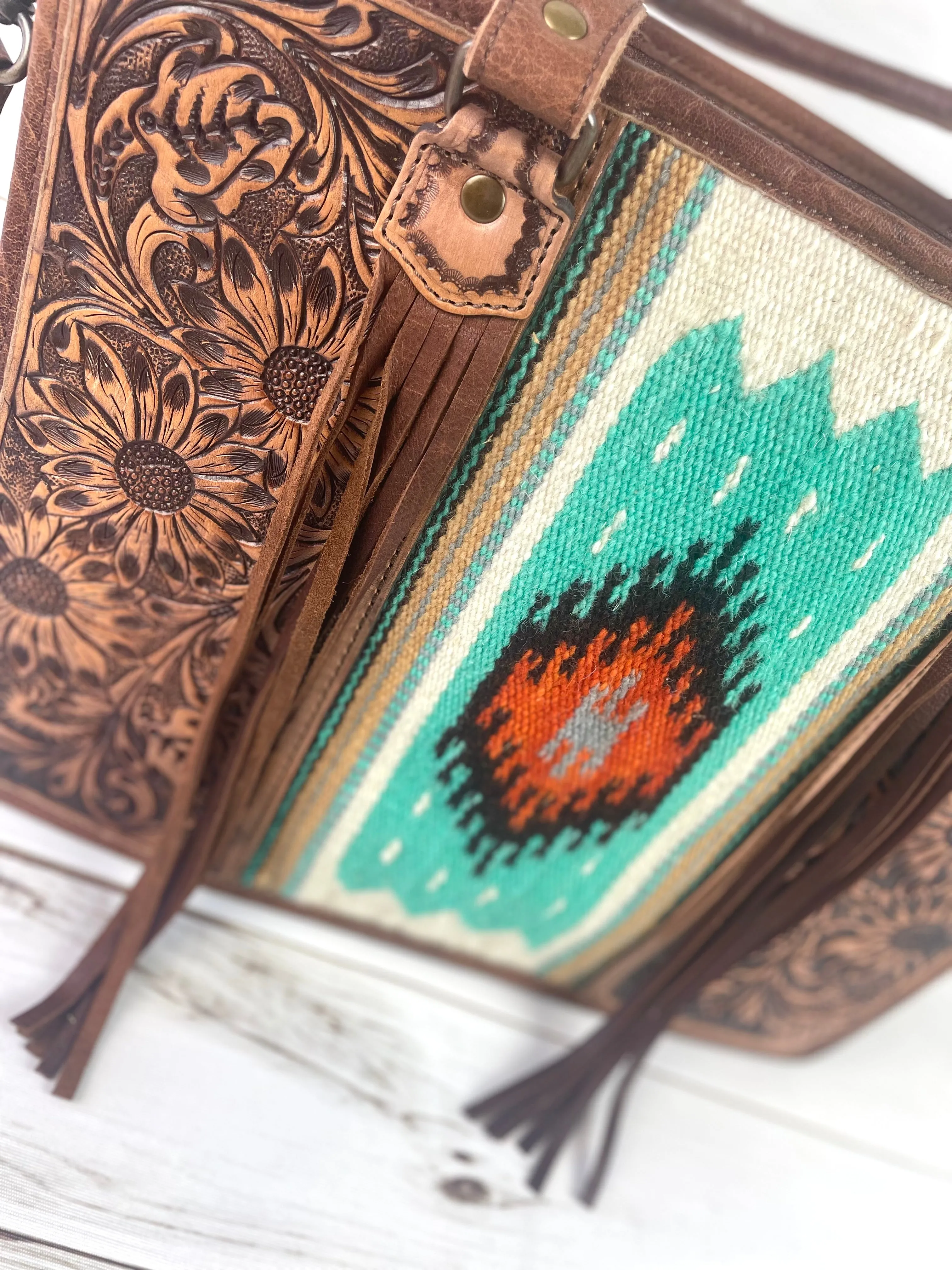 Turquoise & Orange Diamond Large Wool Tote with Dark Leather Floral Tooling
