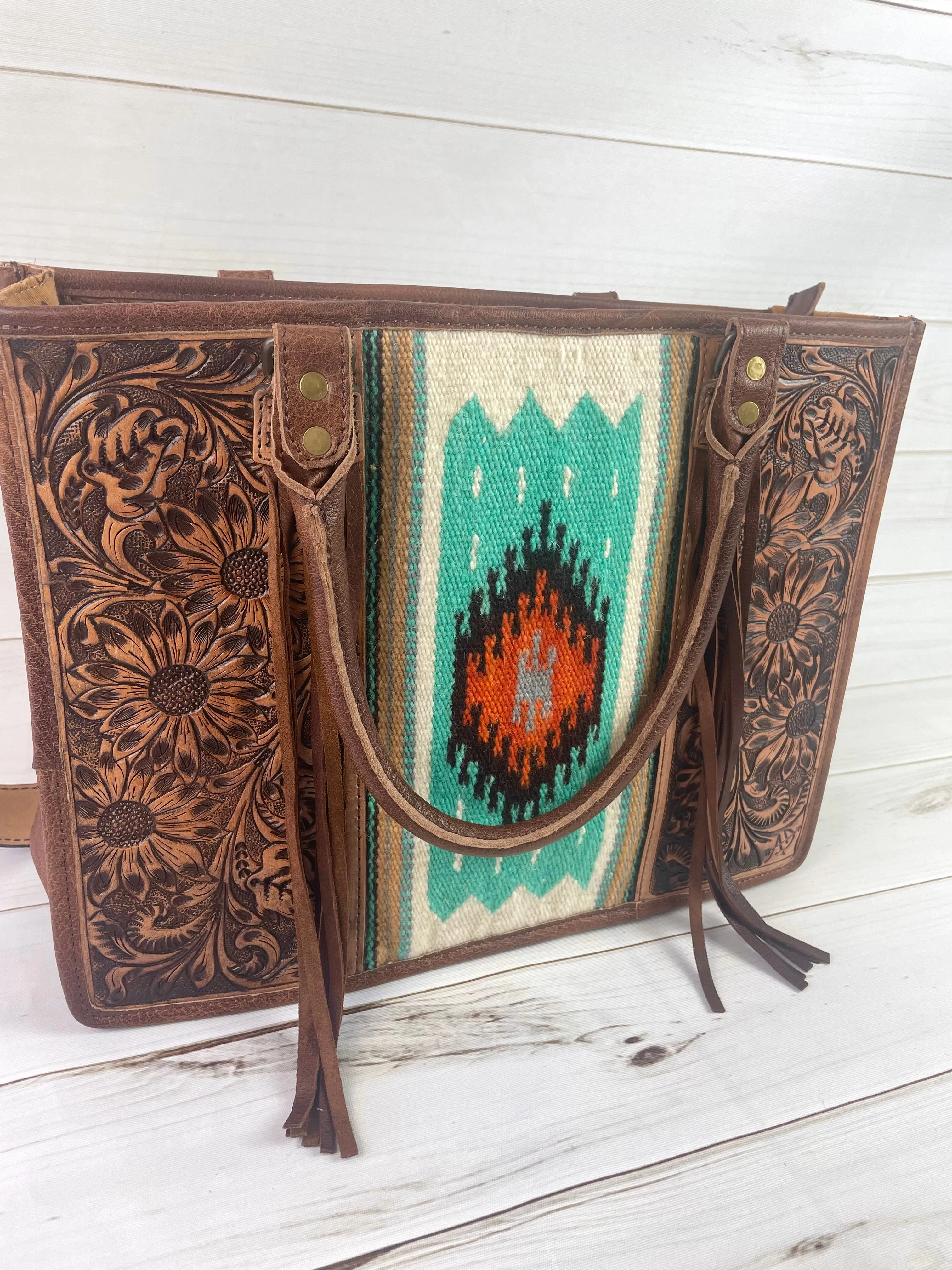 Turquoise & Orange Diamond Large Wool Tote with Dark Leather Floral Tooling