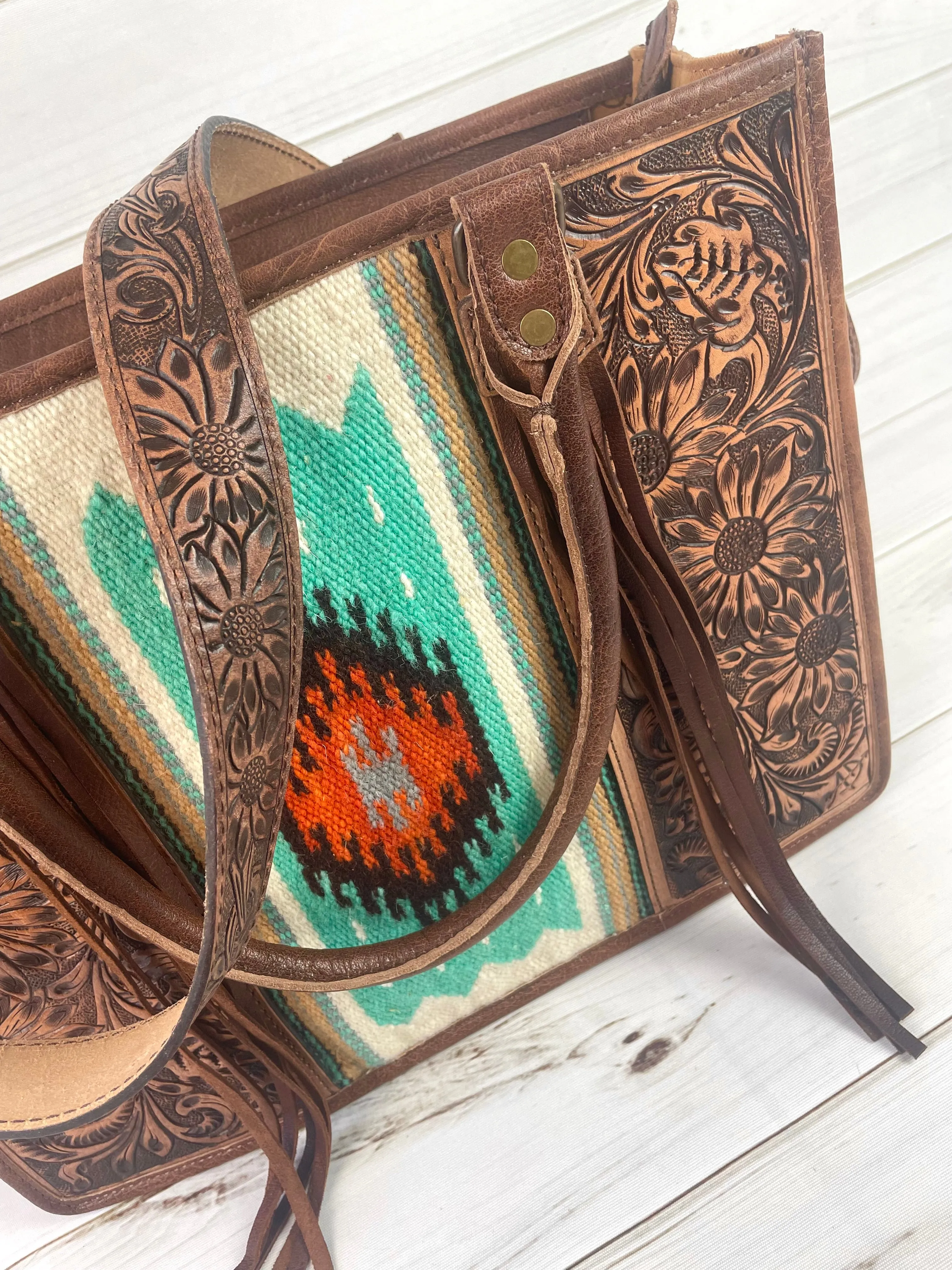 Turquoise & Orange Diamond Large Wool Tote with Dark Leather Floral Tooling