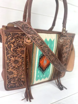 Turquoise & Orange Diamond Large Wool Tote with Dark Leather Floral Tooling