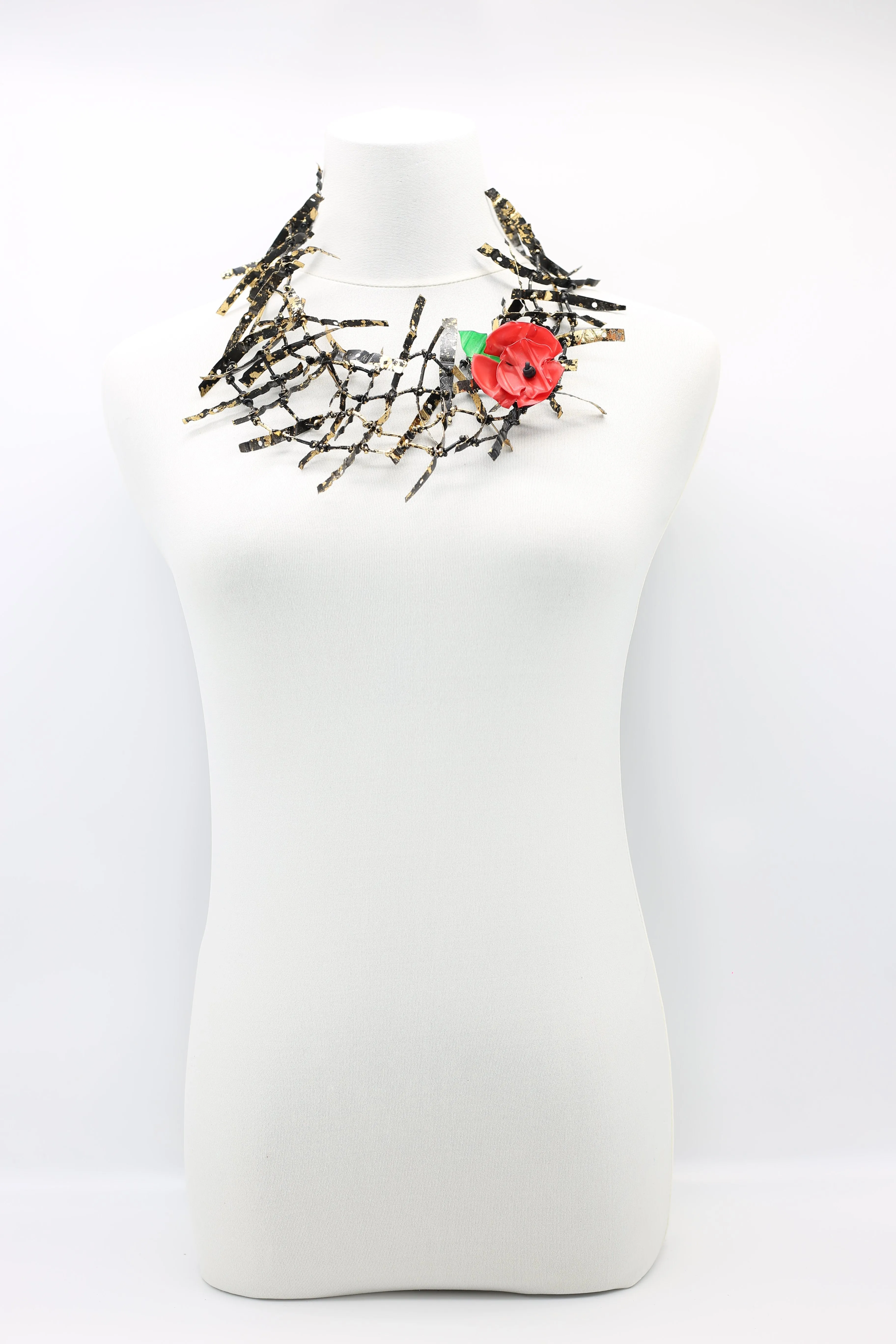 Upcycled plastic bottles - Ladder Necklace with Poppy brooch-Red