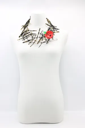 Upcycled plastic bottles - Ladder Necklace with Poppy brooch-Red
