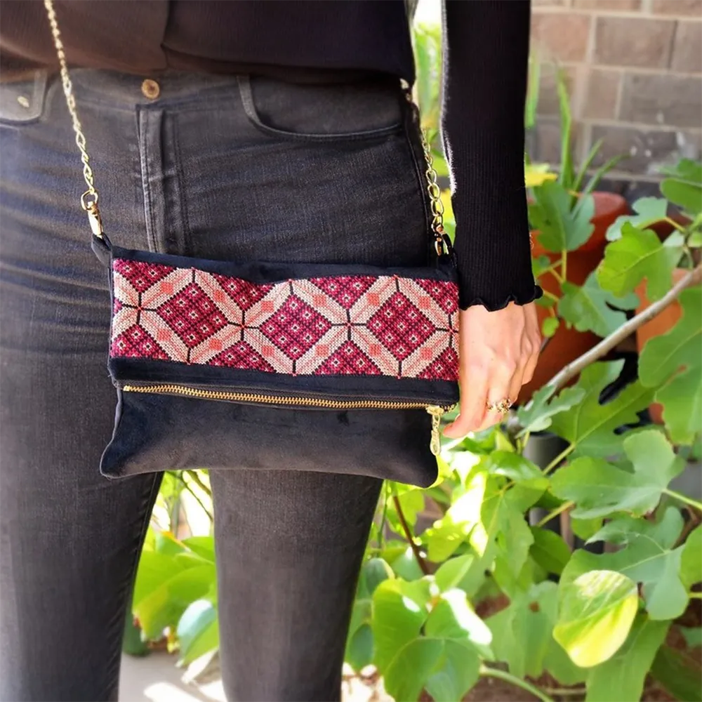 Velvet Tatreez Crossbody in Berry