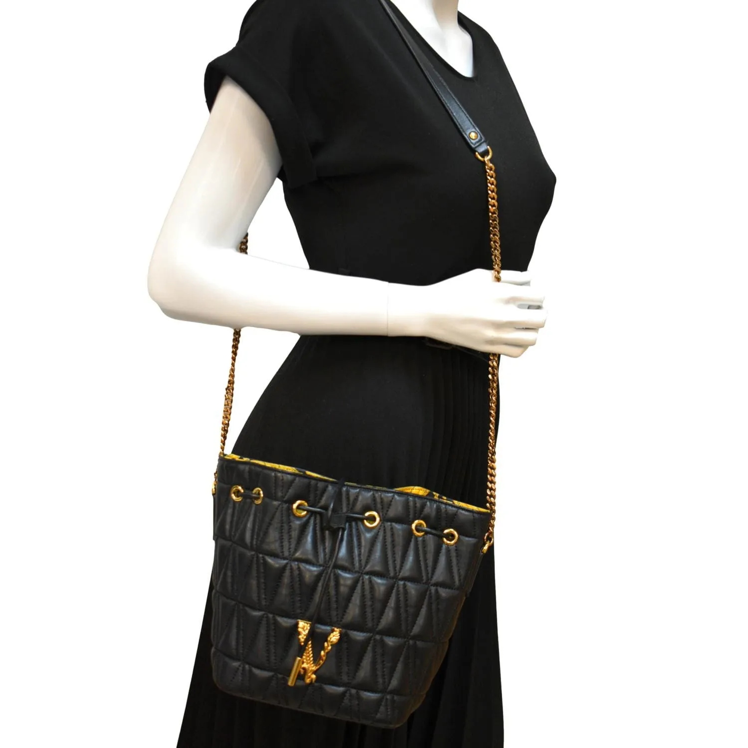 VERSACE Virtus Quilted Nappa Leather Bucket Bag Black