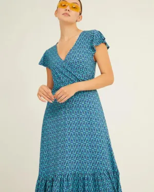 Vestido Xantik Cruzado Volante Blue Geo