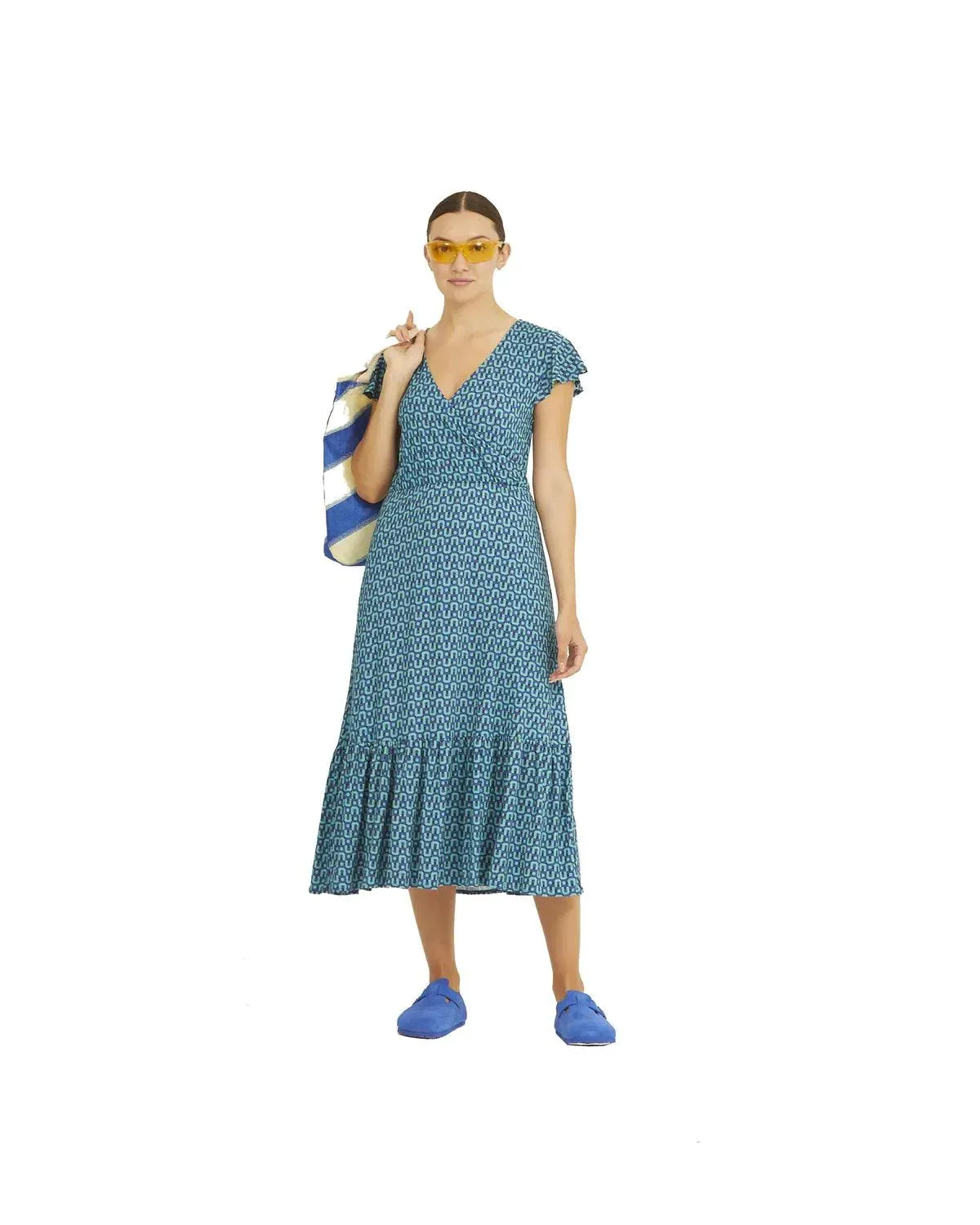 Vestido Xantik Cruzado Volante Blue Geo