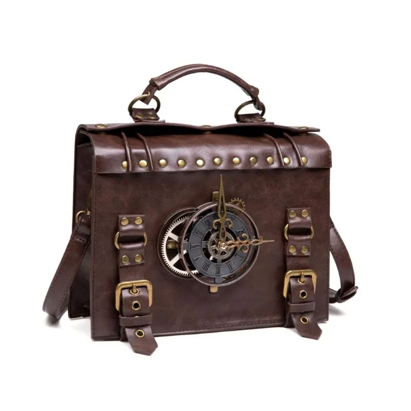Victorian Steampunk Handbag Messenger Bag, Brown Vegan Leather, One Size