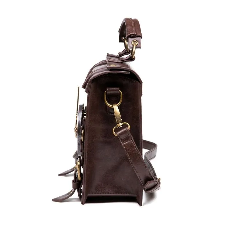 Victorian Steampunk Handbag Messenger Bag, Brown Vegan Leather, One Size