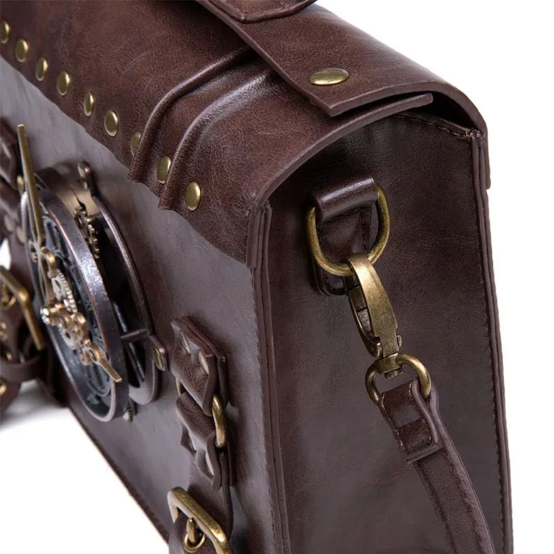 Victorian Steampunk Handbag Messenger Bag, Brown Vegan Leather, One Size