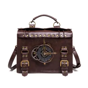 Victorian Steampunk Handbag Messenger Bag, Brown Vegan Leather, One Size