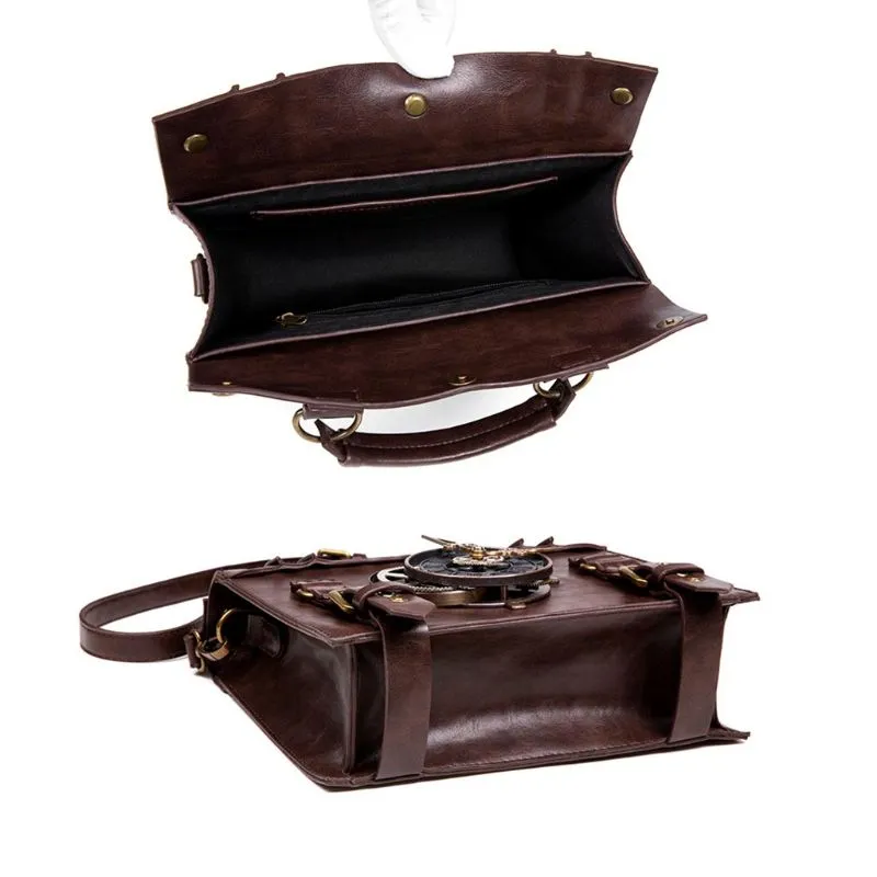 Victorian Steampunk Handbag Messenger Bag, Brown Vegan Leather, One Size