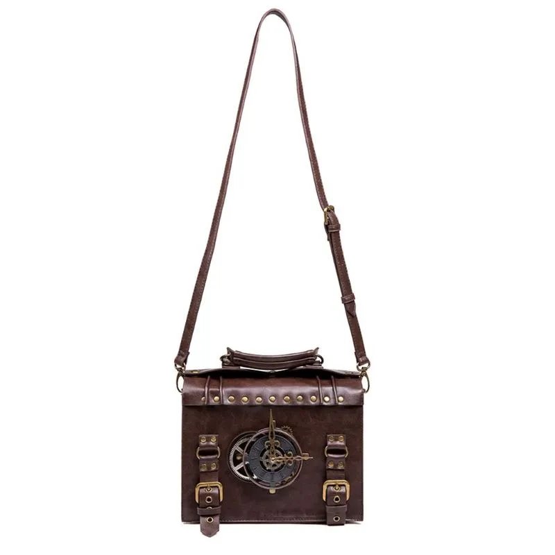 Victorian Steampunk Handbag Messenger Bag, Brown Vegan Leather, One Size