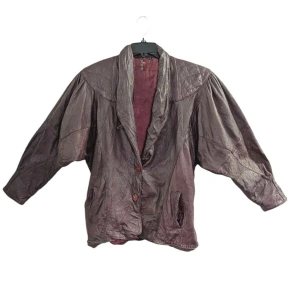 Vintage 80s burgundy leather quilted ruched dolman batwing Jacket coat M