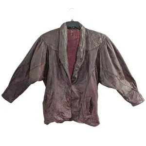 Vintage 80s burgundy leather quilted ruched dolman batwing Jacket coat M