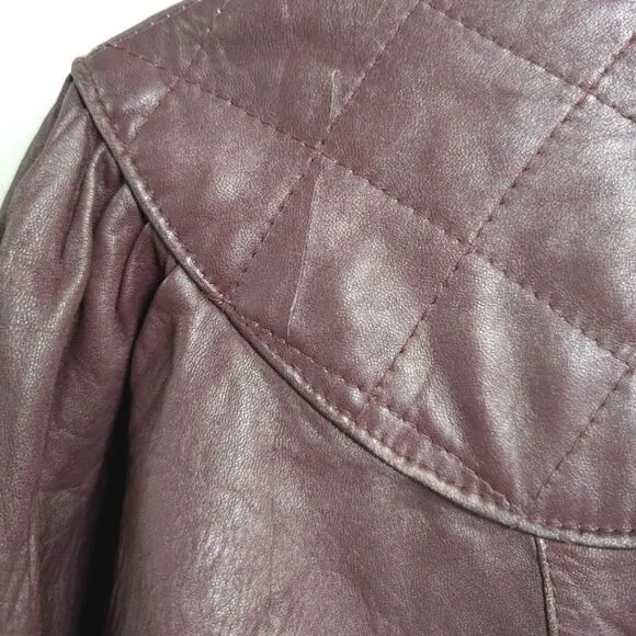 Vintage 80s burgundy leather quilted ruched dolman batwing Jacket coat M