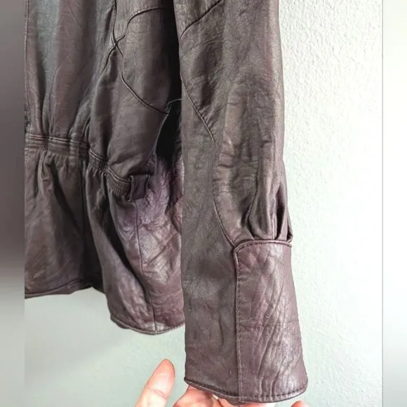 Vintage 80s burgundy leather quilted ruched dolman batwing Jacket coat M