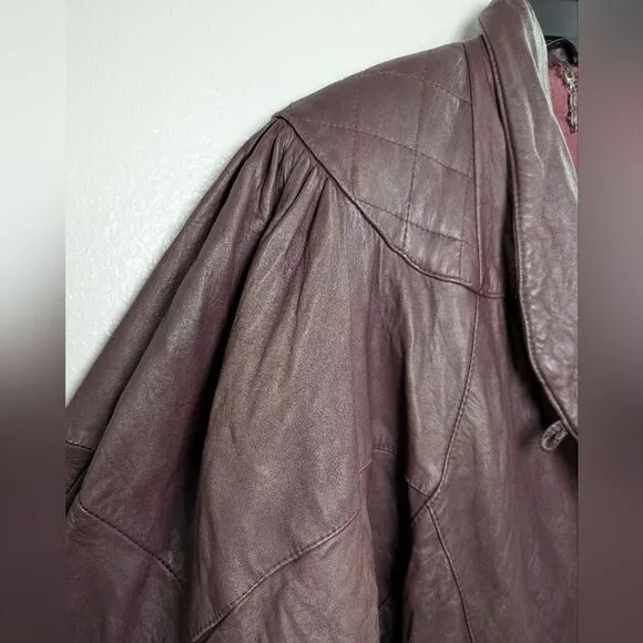 Vintage 80s burgundy leather quilted ruched dolman batwing Jacket coat M