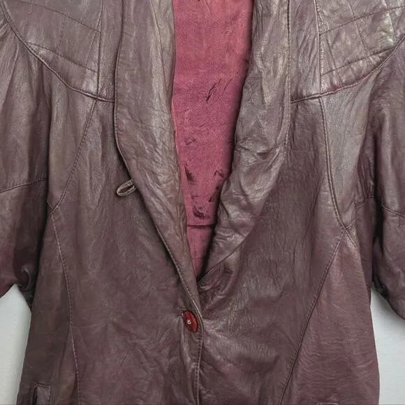 Vintage 80s burgundy leather quilted ruched dolman batwing Jacket coat M