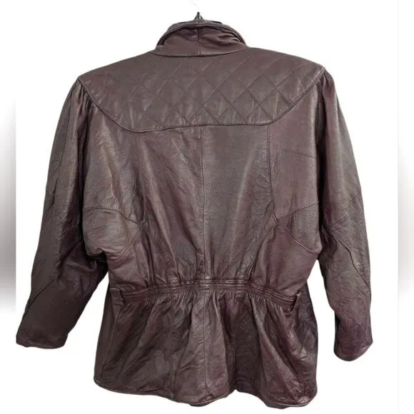 Vintage 80s burgundy leather quilted ruched dolman batwing Jacket coat M