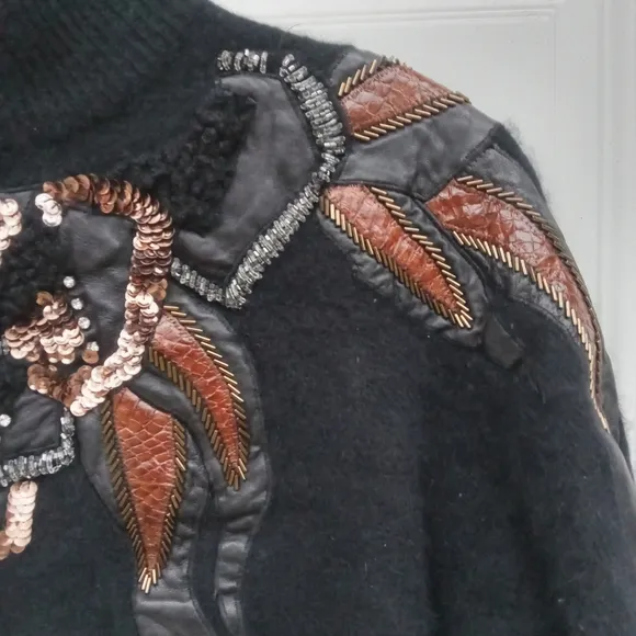 Vintage Erez Sweater Mock Neck Cropped Lambswool Angora Leather Snake Skin Med.