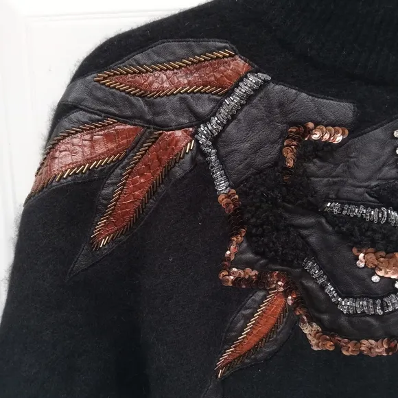 Vintage Erez Sweater Mock Neck Cropped Lambswool Angora Leather Snake Skin Med.