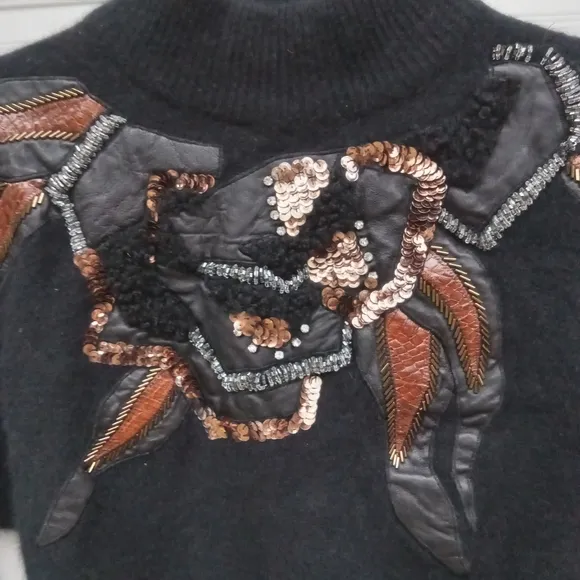 Vintage Erez Sweater Mock Neck Cropped Lambswool Angora Leather Snake Skin Med.