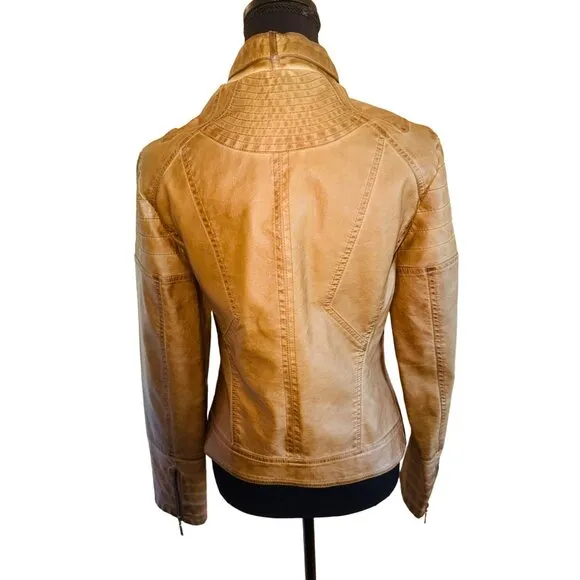 Vintage Max Edition Camel Faux Leather Moto Biker Jacket Coat S Street Style 90s
