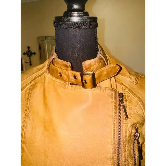 Vintage Max Edition Camel Faux Leather Moto Biker Jacket Coat S Street Style 90s
