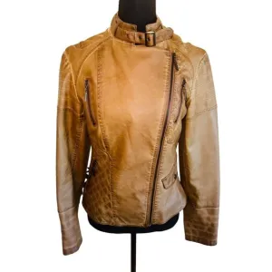Vintage Max Edition Camel Faux Leather Moto Biker Jacket Coat S Street Style 90s