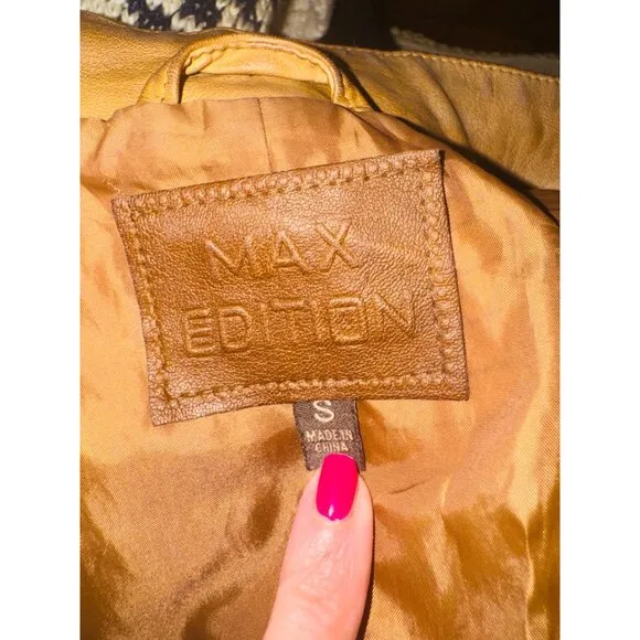 Vintage Max Edition Camel Faux Leather Moto Biker Jacket Coat S Street Style 90s