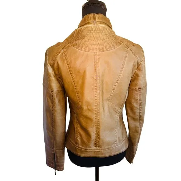 Vintage Max Edition Camel Faux Leather Moto Biker Jacket Coat S Street Style 90s