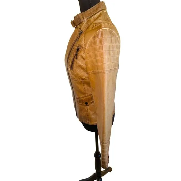 Vintage Max Edition Camel Faux Leather Moto Biker Jacket Coat S Street Style 90s