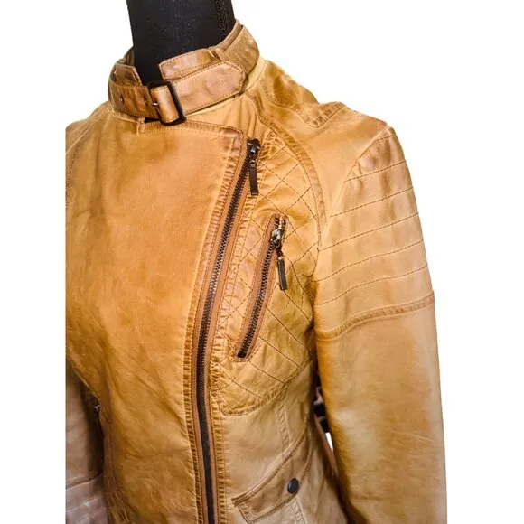Vintage Max Edition Camel Faux Leather Moto Biker Jacket Coat S Street Style 90s
