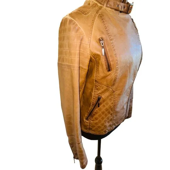 Vintage Max Edition Camel Faux Leather Moto Biker Jacket Coat S Street Style 90s