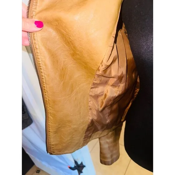 Vintage Max Edition Camel Faux Leather Moto Biker Jacket Coat S Street Style 90s