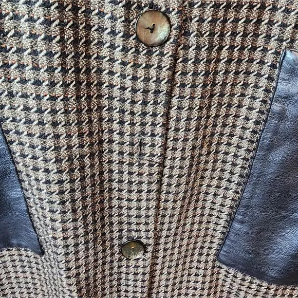 Vintage Wool Blend Coat Leather Trim Brown Black Size M